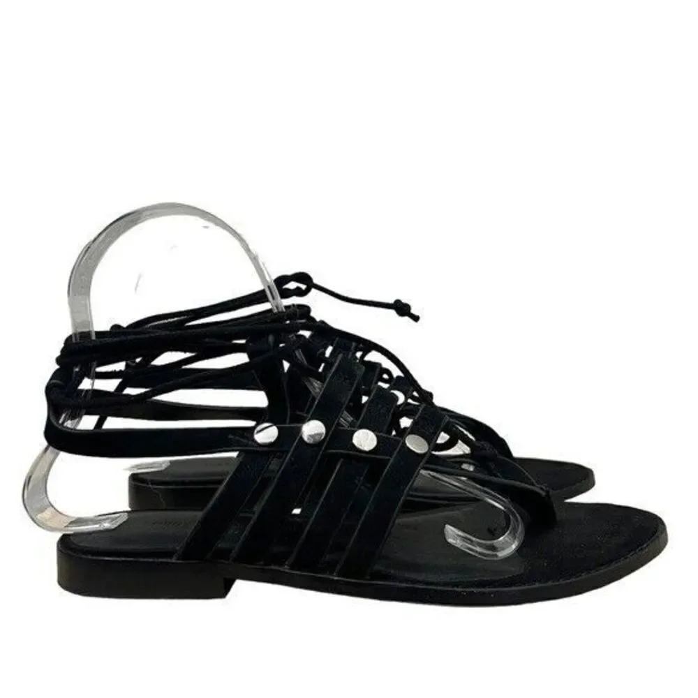 Rebecca Minkoff Evonne Black Suede Strappy Thong Sandals 7 - Picture 1 of 6
